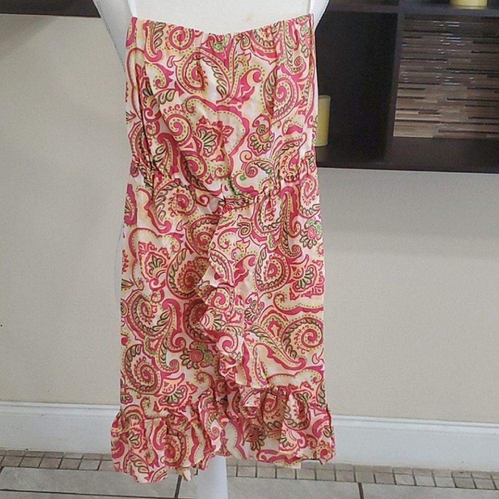 Britt Ryan Boho Gypsy Cream Paisley Ruffled Strapless Silk Blend Mini Dress 0